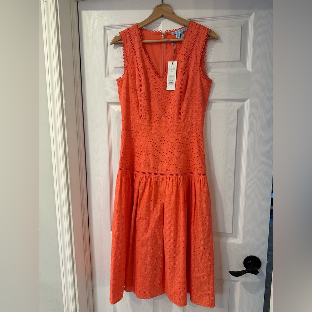 Coral eyelet midi-length dress